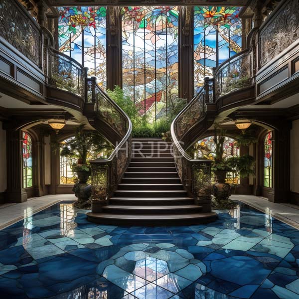 High Resolution: Opulent Victorian-style indoor pool room features an intricate stained glass ceiling with floral patterns and large arched windows with a curved staircase descending to the pool download. | HRJPG.com