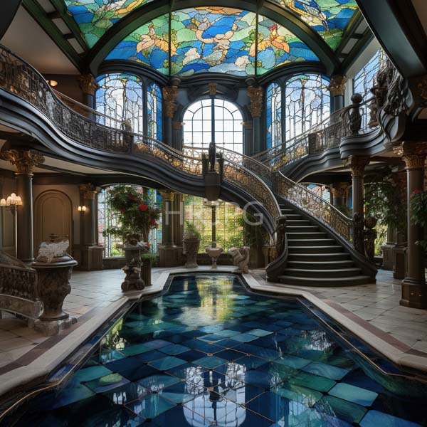High Resolution: Opulent two-story foyer features intricate dark wood carvings and ornate wrought iron railings on both levels with a grand spiral staircase leading up to the second floor download. | HRJPG.com