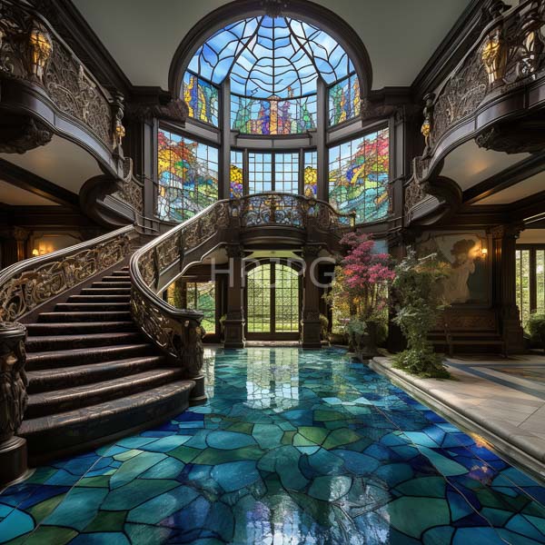 High Resolution: Opulent Victorian-style indoor atrium features two grand spiral staircases with ornate metal railings converging over a reflective blue-tiled pool under a stained glass dome ceiling download. | HRJPG.com