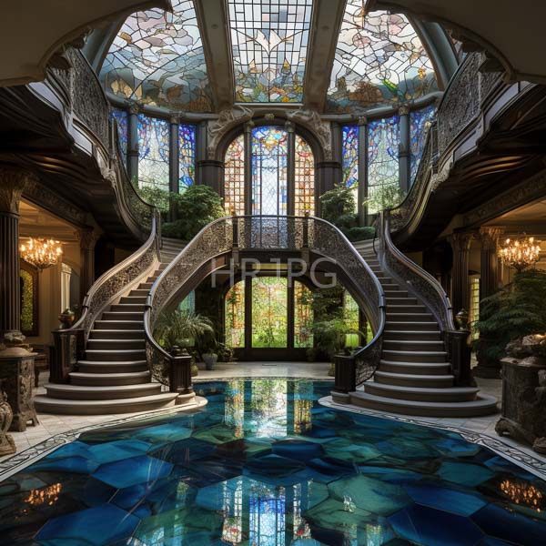 High Resolution: Opulent Victorian-style greenhouse with lush greenery and wooden accents features a large spiral staircase adorned with vibrant green carpeting leading up to a balcony download. | HRJPG.com