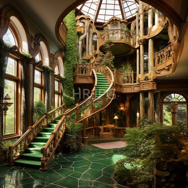 High Resolution: Opulent two-story foyer features lush green carpeted stairs with ornate wooden railings and stone accents with tall arched windows and statues adorning the balconies download. | HRJPG.com