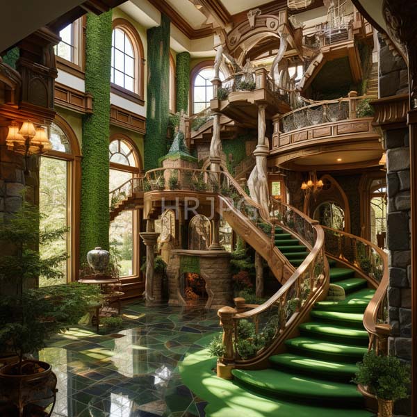 High Resolution: Opulent Victorian-style greenhouse with lush greenery and ornate wooden details features a winding staircase carpeted in vibrant emerald-green steps leading to an upper balcony download. | HRJPG.com