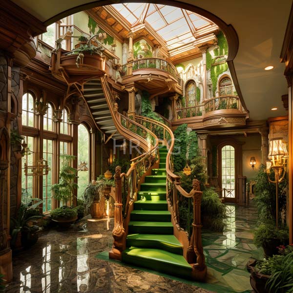 High Resolution: Opulent fantasy-style indoor garden room with lush greenery and intricate wooden architecture resembling fairy-tale towers connected by spiraling golden stairs download. | HRJPG.com