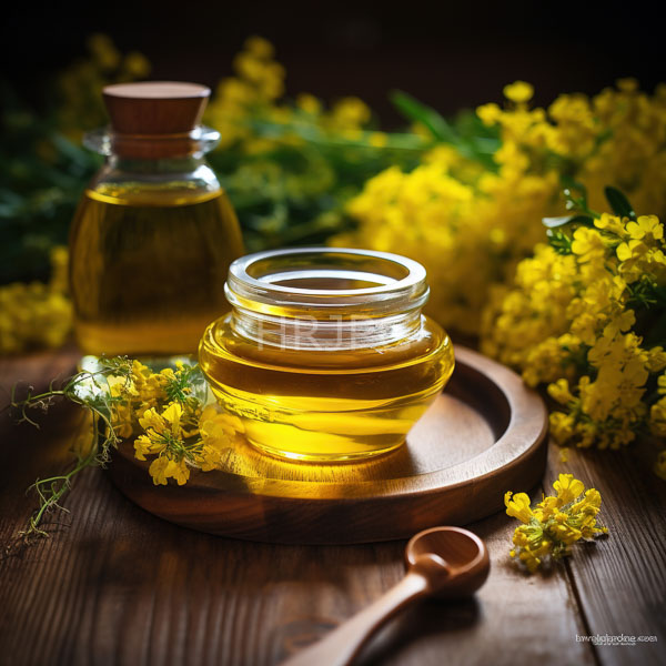 High Resolution: Golden honey in two glass containers one with a cork and one without a lid on a wooden tray surrounded by yellow wildflowers scattered across a dark wood surface download. | HRJPG.com