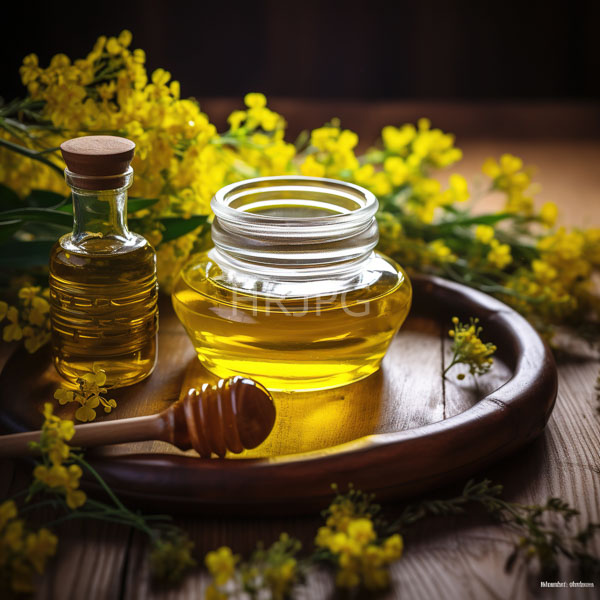 High Resolution: Golden honey in an open glass jar on a wooden round plate surrounded by vibrant yellow flowers and greenery with a small bottle of amber-colored liquid nearby download. | HRJPG.com
