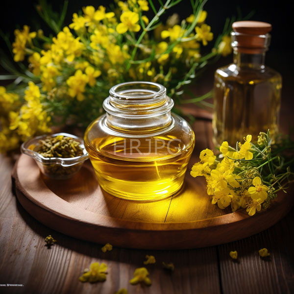 High Resolution: Golden yellow oil in a glass bottle with a cork on a wooden tray surrounded by fresh bright-yellow flowers and green stems download. | HRJPG.com