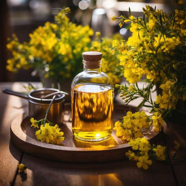High Resolution: Sunlit wooden table features glass jars filled with golden honey surrounded by vibrant yellow flowers and greenery with one jar having an orange cork stopper download. | HRJPG.com