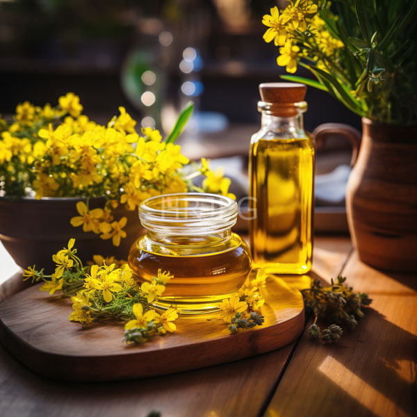High Resolution: Elegant wooden tray on a table holding a clear glass bottle with golden oil and a cork stopper surrounded by vibrant yellow flowers and loose petals download. | HRJPG.com