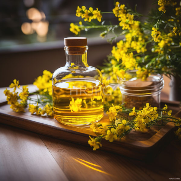 High Resolution: Golden yellow oil in a glass bottle with a cork on a wooden tray surrounded by fresh jasmine flowers and green leaves download. | HRJPG.com