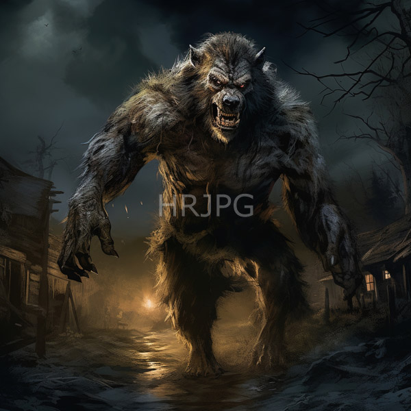 High Resolution: Anthropomorphic wolf with shaggy gray fur stands on a cobblestone path under moonlight in front of rustic wooden houses and fog-covered mountains download. | HRJPG.com
