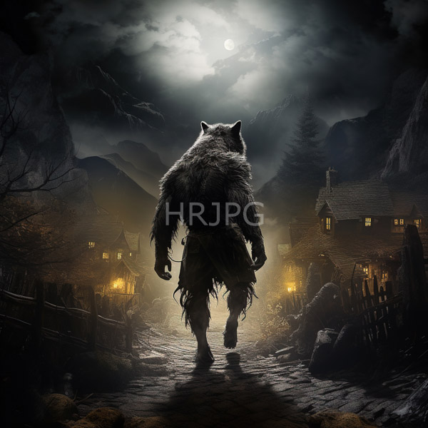 High Resolution: Imposing furry werewolf with dark fur and pointed ears walks away from glowing street lamps on a rain-soaked cobblestone path under stormy skies illuminated by lightning download. | HRJPG.com