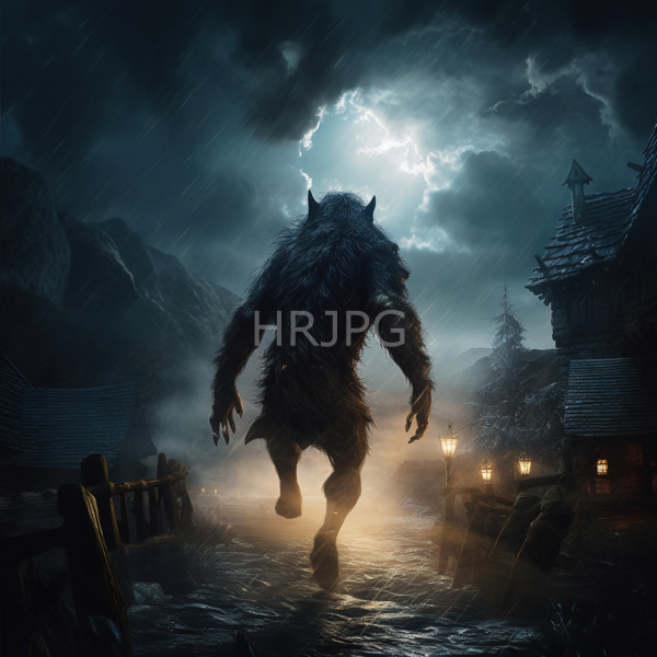 High Resolution: Intimidating werewolf with shaggy brown fur glowing green eyes and tattered dark clothing walks down a fog-covered village street at night reflecting light from lanterns download. | HRJPG.com