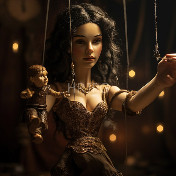 High Resolution: Intricately detailed porcelain doll with wavy black hair wears a Victorian-style lace-trimmed brown corset dress holding strings attached to a smaller male figurine download. | HRJPG.com