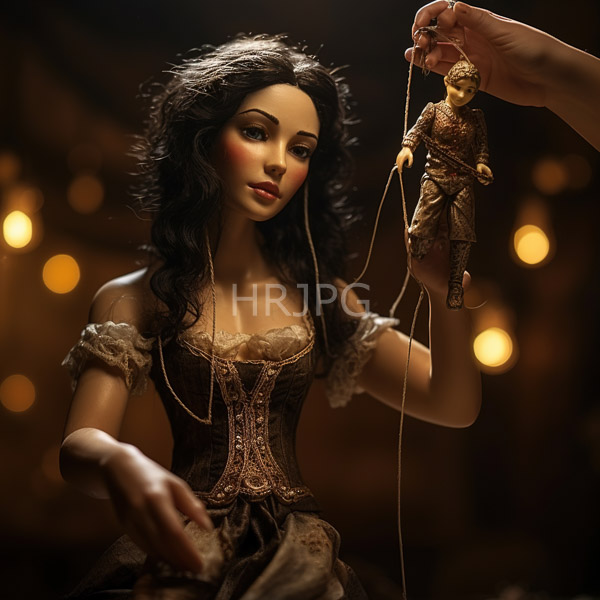 High Resolution: Ethereal dark-haired woman with wavy hair in a vintage-style brown corset dress holds a string puppet resembling herself against a warm fairy lights blurred background download. | HRJPG.com