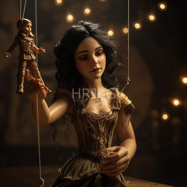High Resolution: Intricately detailed doll with long black hair wears an ornate brown corset and dress holds a tiny bronze figurine dressed as an ancient warrior on strings download. | HRJPG.com