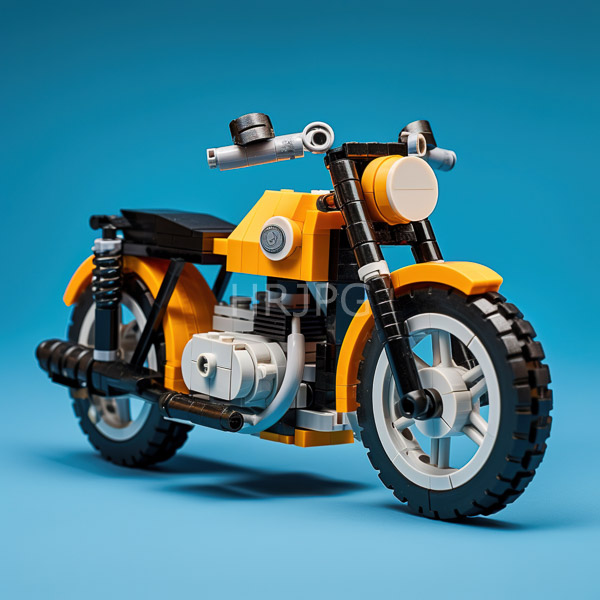High Resolution: Intricately built LEGO motorcycle with yellow and black body cream-colored wheels and a silver exhaust pipe against a dark blue background download. | HRJPG.com