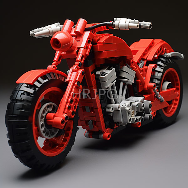 High Resolution: Intricate LEGO-style model motorcycle with large detailed black tires and red bodywork against a solid blue background featuring gray suspension components download. | HRJPG.com