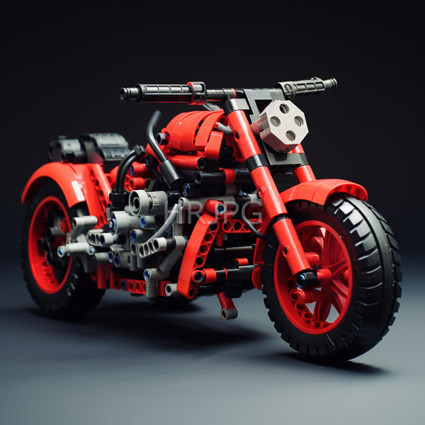 High Resolution: Intricate red and black LEGO-built motorcycle with large tires featuring detailed treads and exposed mechanical parts including gears and axles download. | HRJPG.com