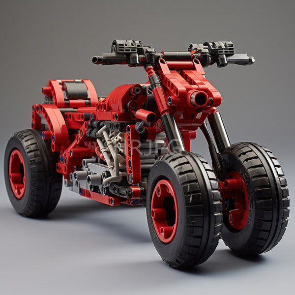 High Resolution: Intricately assembled LEGO motorcycle predominantly red with gray and black accents features detailed elements like round headlights silver engine components and a large rear tire download. | HRJPG.com
