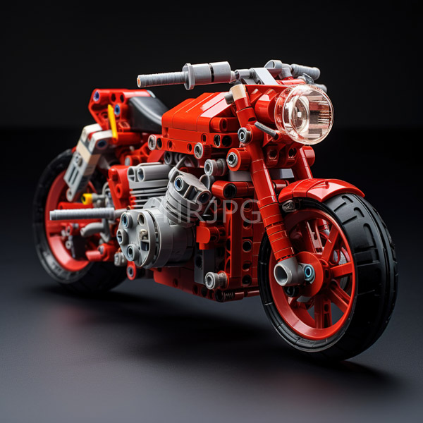 High Resolution: Intricately built LEGO motorcycle predominantly red with gray and black accents features detailed elements like large tires with visible tread patterns dual exhaust pipes and a yellow fuel tank cover download. | HRJPG.com