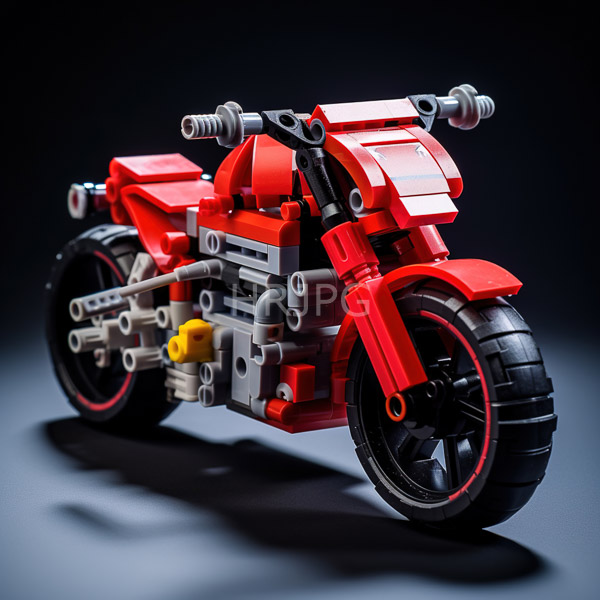 High Resolution: LEGO-style red and black motorcycle with yellow headlights ridden by a minifigure in matching bright-red racing gear including a helmet against a dark gradient background download. | HRJPG.com