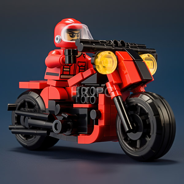 High Resolution: Intricately built LEGO motorcycle predominantly red with black and yellow accents features a round headlight on the front fork and dual exhaust pipes download. | HRJPG.com