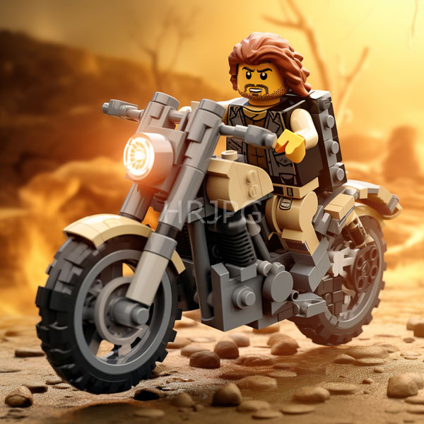 High Resolution: LEGO minifigure with black motorcycle gear yellow goggles and a dark fabric mask rides a detailed gray-black off-road motorbike on textured ground download. | HRJPG.com