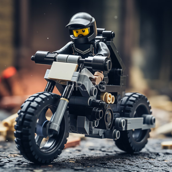 High Resolution: Intricate LEGO motorcycle model with beige and black body red wheels large knobby tires and exposed engine parts against a dark gradient background download. | HRJPG.com