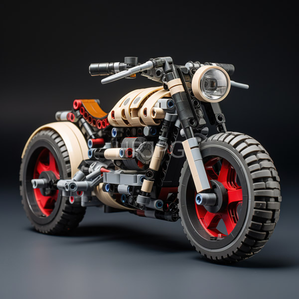 High Resolution: Intricate LEGO motorcycle model with black tires silver and gray frame details and an orange fuel tank accent against a minimalistic gradient gray background download. | HRJPG.com