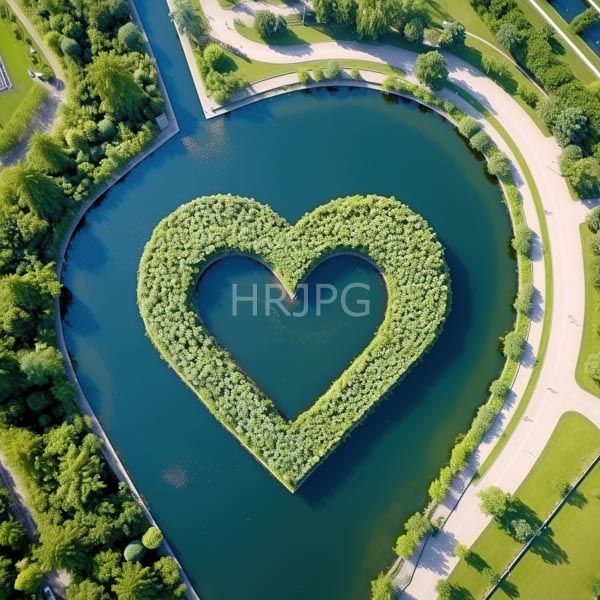 High Resolution: Aerial photograph of an island-shaped heart-formed forest with dense green trees surrounded by dark blue water in a lake or river setting download. | HRJPG.com