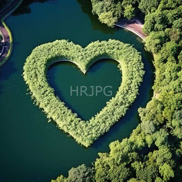 High Resolution: Aerial photograph of an oval-shaped lake surrounded by dense green trees with two narrow roads encircling it forming heart shapes in both water and foliage download. | HRJPG.com