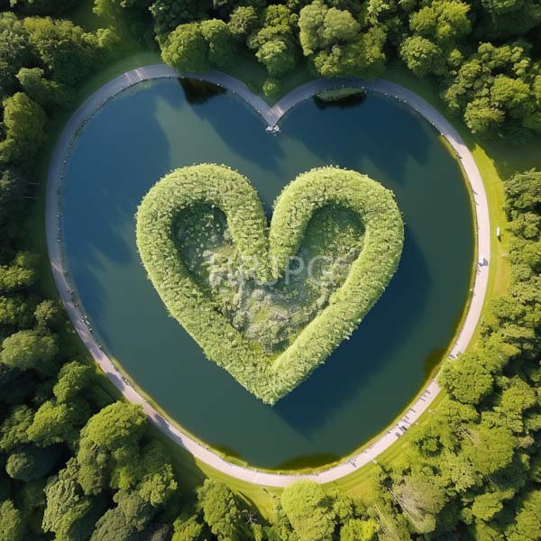 High Resolution: Aerial photograph of an island-shaped park with dense green trees forming a heart shape around a small blue-green lake surrounded by water download. | HRJPG.com