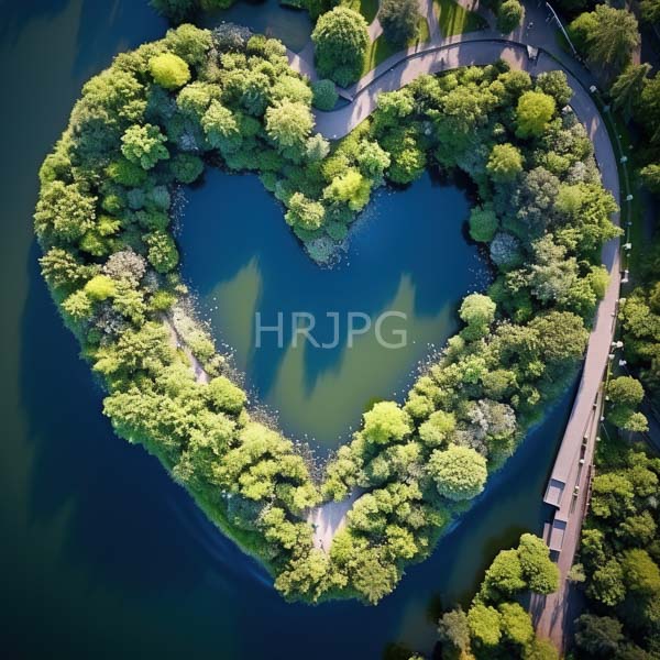 High Resolution: Aerial photograph of an island-shaped lake surrounded by dense vibrant green trees forming a heart shape around its water body download. | HRJPG.com