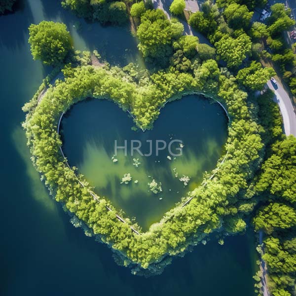 High Resolution: Aerial photograph of an island-shaped garden in a heart shape surrounded by green water with two smaller hearts inside it and a central small-heart pond with a fountain download. | HRJPG.com
