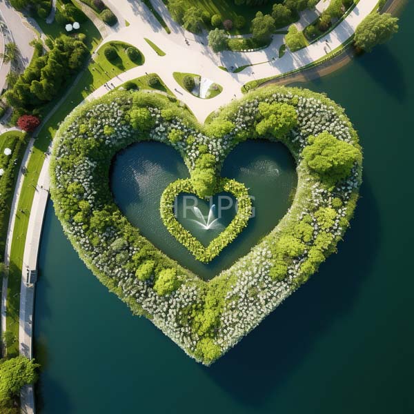 High Resolution: Aerial photograph of an ornate park featuring a heart-shaped pond surrounded by lush greenery and trees with pink blossoms connected to winding pathways download. | HRJPG.com