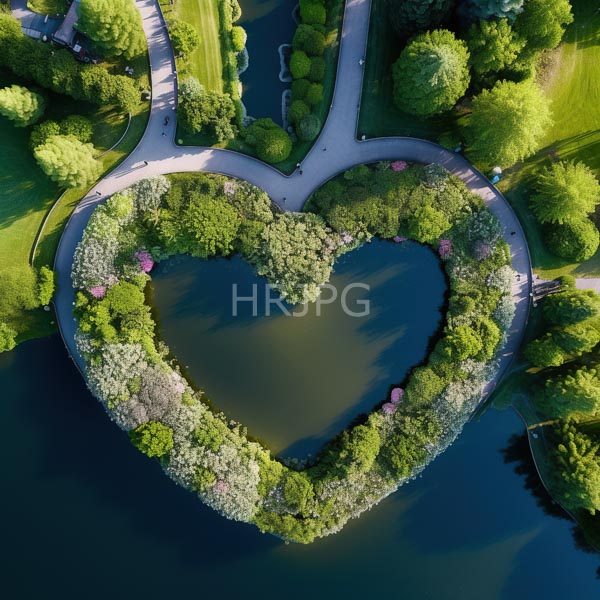 High Resolution: Aerial photograph of an ornate heart-shaped lake surrounded by lush greenery and bordered with winding pathways in vibrant colors download. | HRJPG.com