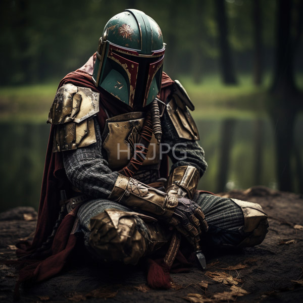 High Resolution: Armored Mandalorian warrior with weathered teal and gold armor and a helmet resembling Boba Fett's design sits on wooden steps in front of a blurred forest holding a wrapped sword download. | HRJPG.com