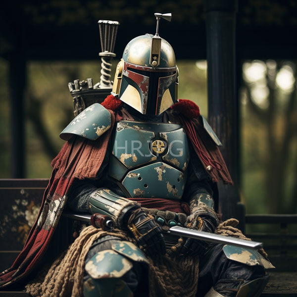 High Resolution: Armored figure resembling Boba Fett from Star Wars sits against dark brown fabric wearing green and silver weathered armor a Mandalorian helmet and a tan cloak download. | HRJPG.com