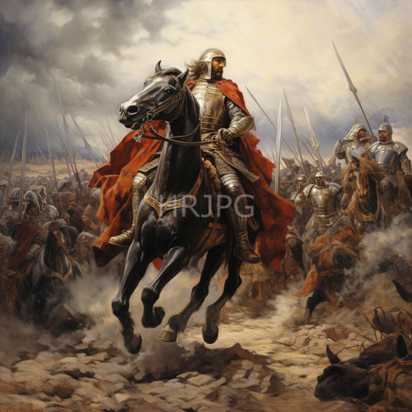 High Resolution: Oil painting depicts a medieval battle scene with knights in silver armor and red cloaks led by one knight on horseback wielding a sword against enemy soldiers download. | HRJPG.com