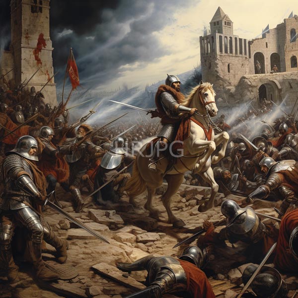 High Resolution: Oil painting depicts a medieval battle scene in front of a castle with tall cylindrical towers a large army on horseback charges through muddy terrain download. | HRJPG.com
