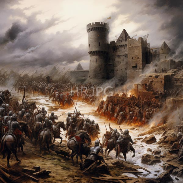 High Resolution: Oil painting depicts a chaotic medieval battle scene at dawn with intense orange and red flames engulfing castle walls and armored warriors surrounding muddy waterways download. | HRJPG.com