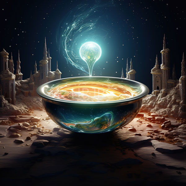 High Resolution: Illuminated glowing bowl of ramen noodles with swirling orange and green patterns with broccoli pieces floating inside and a spoon pouring golden light from above download. | HRJPG.com