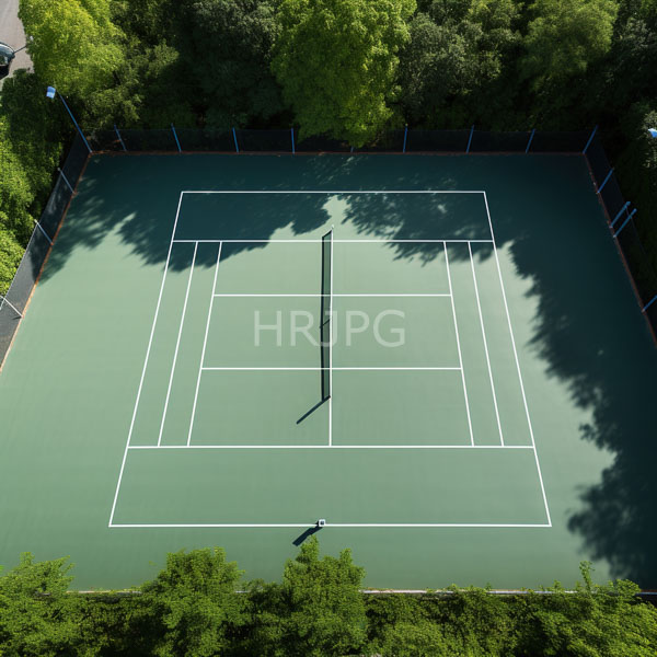High Resolution: Aerial photograph of an empty green tennis court surrounded by lush trees and dense foliage under clear blue skies with tall light poles on either side download. | HRJPG.com