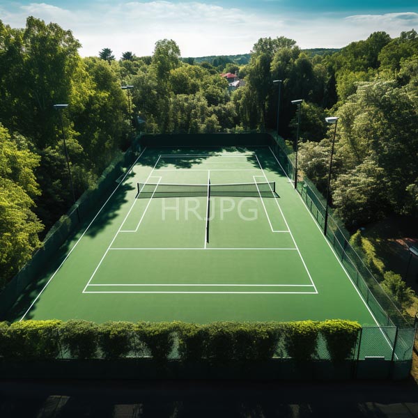 High Resolution: Empty green tennis court with white boundary lines and a net surrounded by dark blue fencing casting shadows on the smooth surface under sunlight download. | HRJPG.com