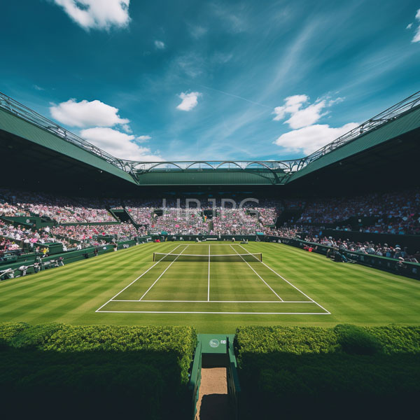 High Resolution: Outdoor tennis match at Wimbledon viewed from behind one baseline with lush green grass and neatly striped courts two players near the net download. | HRJPG.com