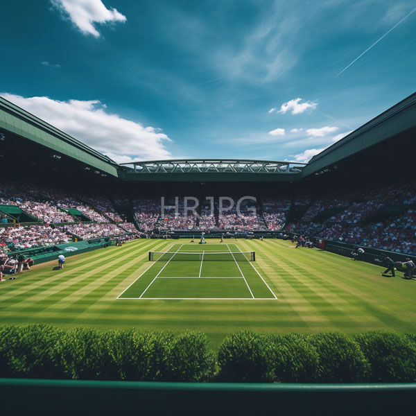 High Resolution: Empty modern tennis court with vibrant green grass and white boundary lines under a bright blue sky scattered with fluffy clouds download. | HRJPG.com
