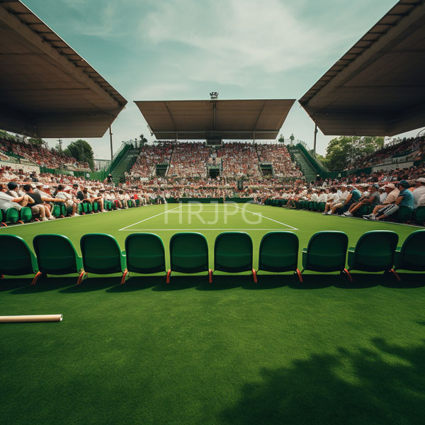 High Resolution: Empty modern stadium with lush green grass in the foreground and rows of blue-green seats filling the background under a clear turquoise sky download. | HRJPG.com