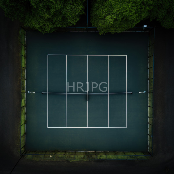 High Resolution: Aerial photograph of an empty dark gray tennis court with white boundary lines and net with shadows cast by surrounding structures download. | HRJPG.com