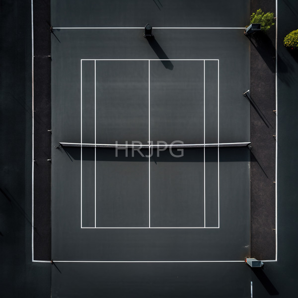 High Resolution: Aerial photograph of an empty dark green tennis court surrounded by dense trees at night or dusk with white lines marking boundaries and a net download. | HRJPG.com