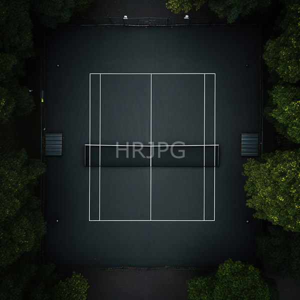 High Resolution: Aerial photograph of an empty dark green tennis court with white lines marking two adjacent courts and surrounding fencing on all sides download. | HRJPG.com